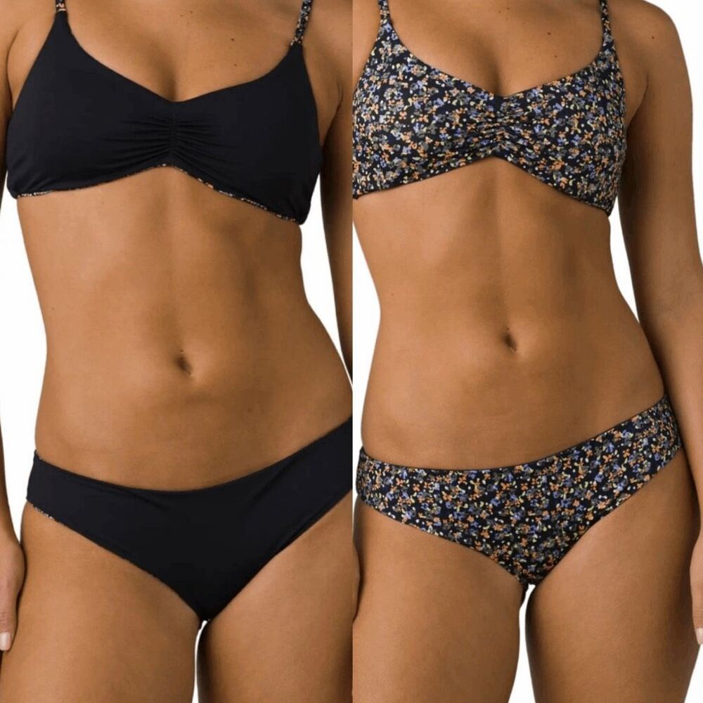 Prana $120 Jess Top & Gemma Bottom Reversible Bikini swim set Black Petal XL NEW